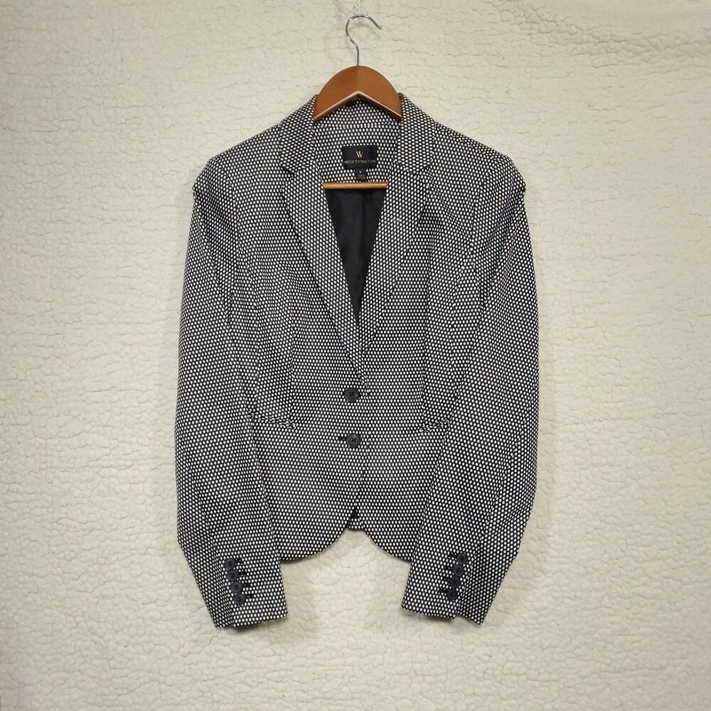 Worthington Women's Blazer Size 8 Black & White Diamond 2-Button Lined Jacket